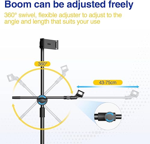 Miniatura 7 de Soporte de micrófono Boom, soporte para micrófono de suelo con soporte para teléfono y tableta, trípode de alta resistencia ajustable de altura y