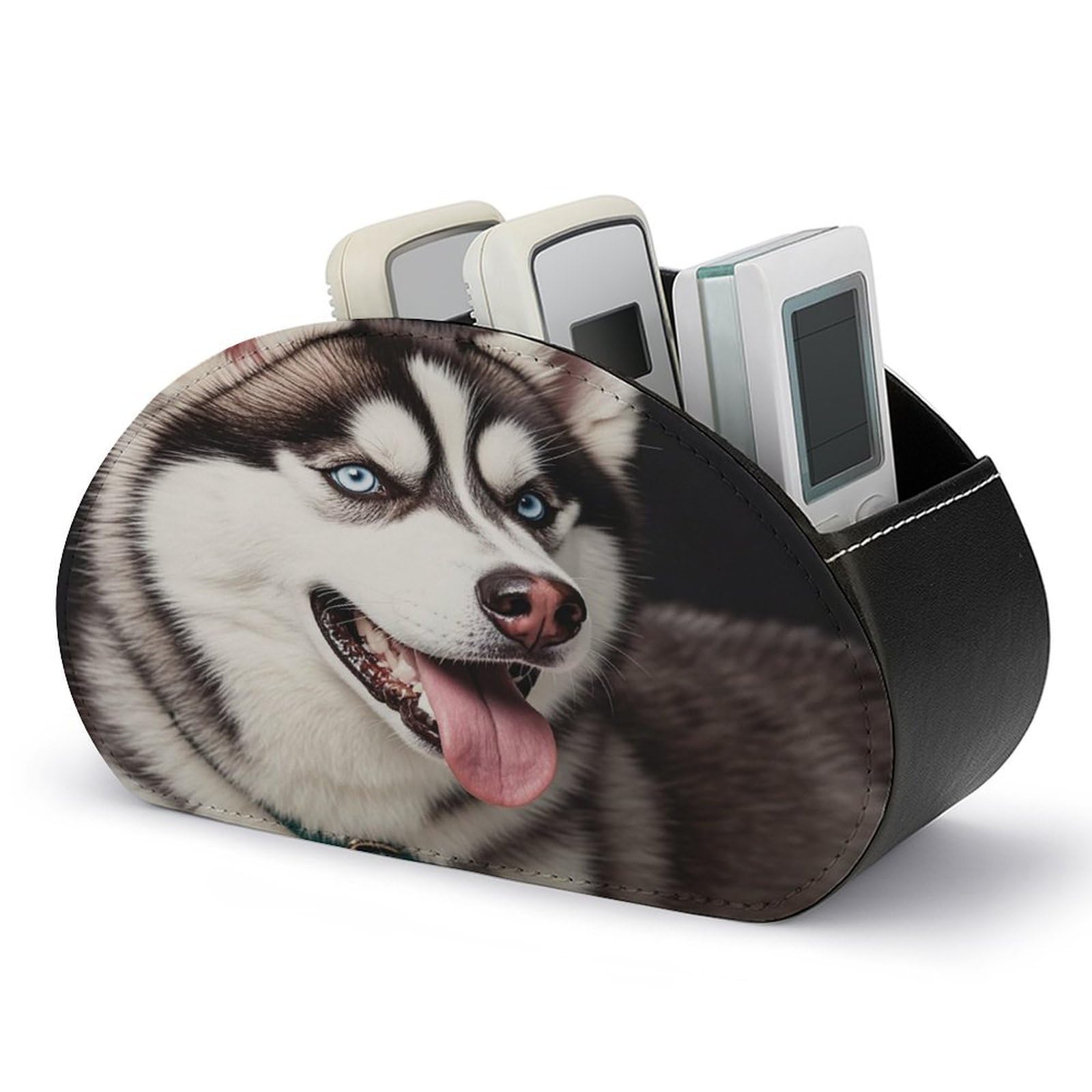 FekiLoot Leather Remote Control Holder with 5 Compartments Cute Husky Dog Remote Caddy Desktop Organizer Store TV Remote Holder Remote Organizer for Bedside Table Office Desk