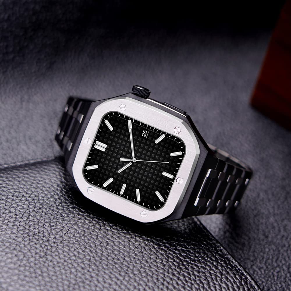 Luxuriöses Abdeckungs-Set für Apple Watch Serie SE 44, 45 mm, Edelstahl, Mod Kit Rahmen für iWatch 8, 7, 6, 5, 4, 45 mm, 44 mm, Modifikationsgehäuse