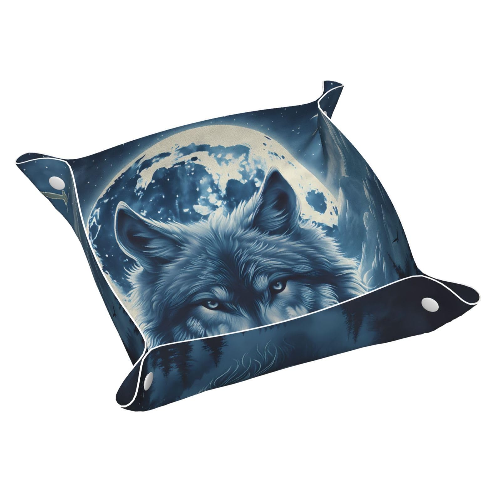HLBSDM Mystical Moon Wolf and Forest Tray Men's Leather Valet Parking Portable Entrance Trays Bedside Storage Box