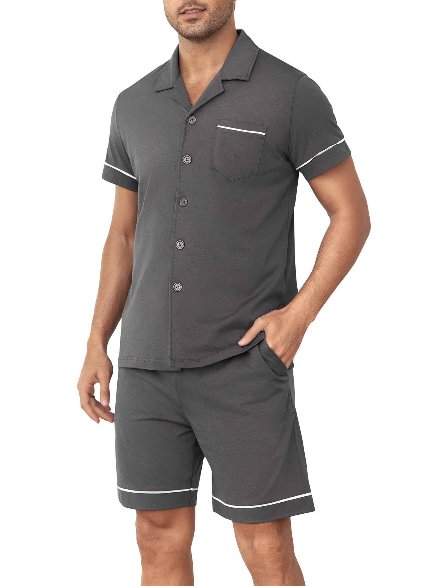 Pyjama Court pour Homme 100% Coton avec Boutons - Pyjama d'été léger à Manches Courtes et Short - Confortable pour la Maison, Les Voyages et la détente
