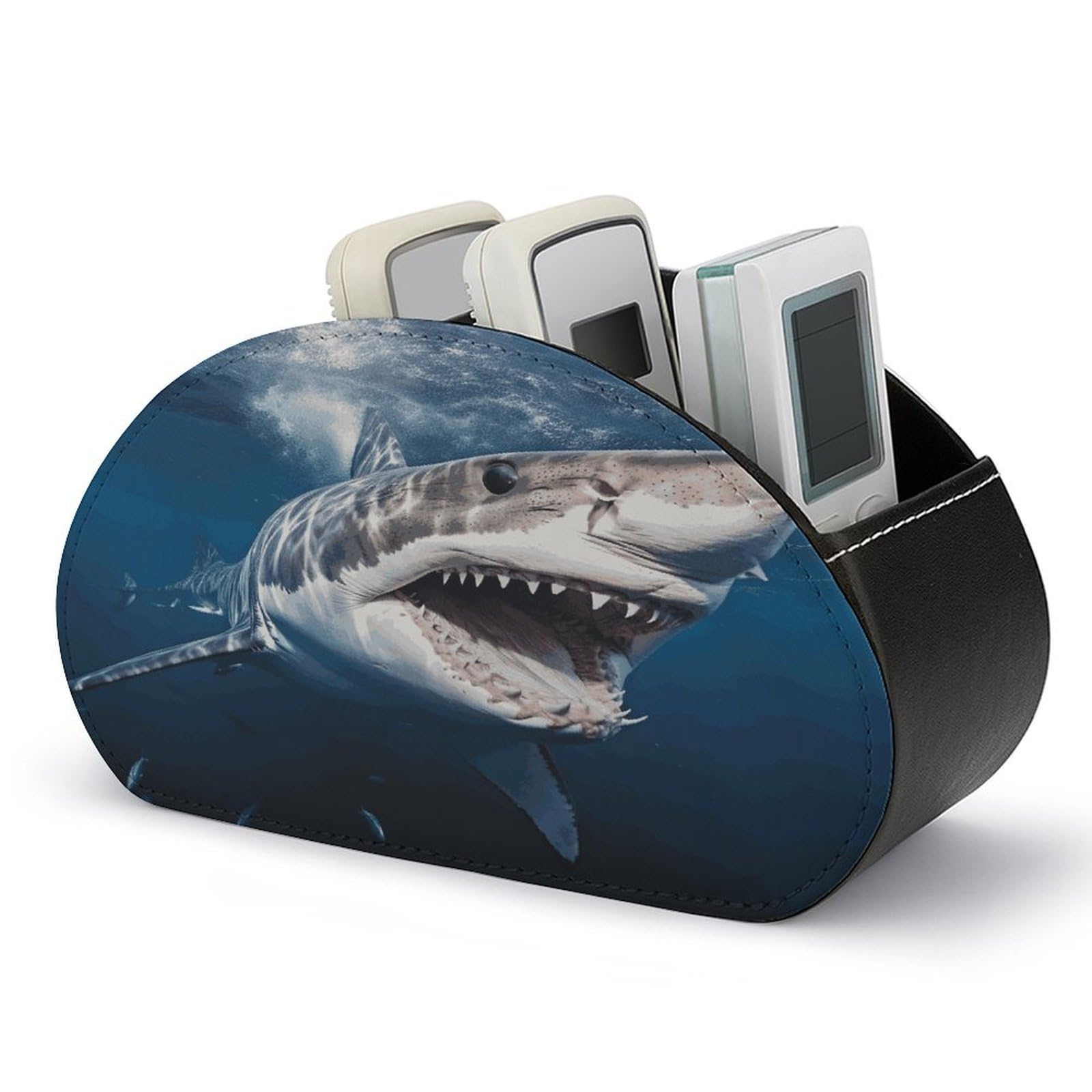 LZQPOEAS Great White Shark Opens Mouth Remote Control Holder with 5 Compartments PU Leather Remote Organizer Box Caddy for Table Nightstand Remote Caddy Desktop Organizer Fits Media Controllers
