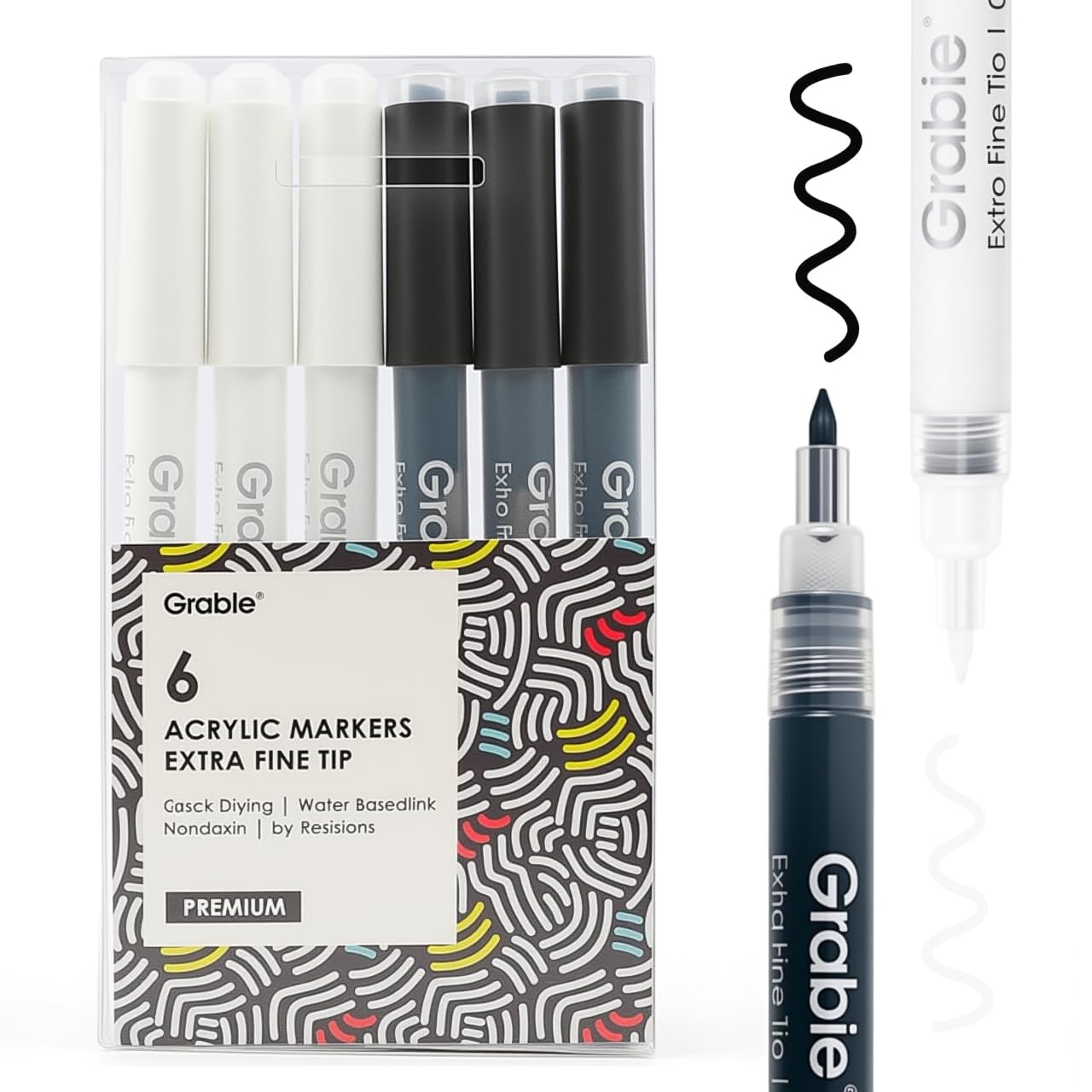 Grabie Black & White Extra Fine Tip Acrylic Paint Marker Set, 6 Pack, 0.7mm Acrylic Paint Pens for Highlights and Fine Details on Drawings, Rock