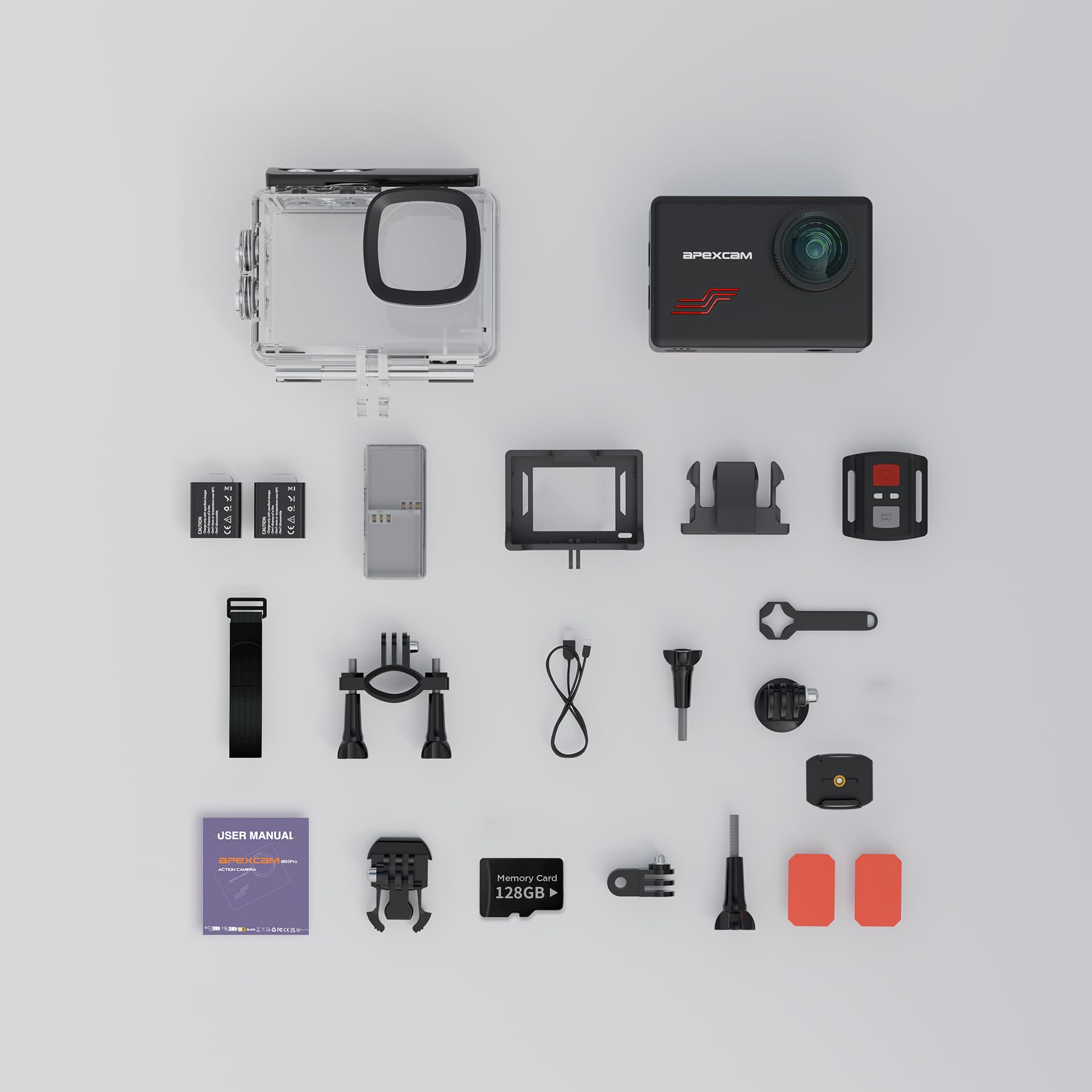 Apexcam Nuova M80PRO Action Cam 4K 64MP EIS Touch Screen Con 128GB Scheda Fotocamera Sportiva Impermeabile Fotocamera Subacquea 40M 8X Zoom e 2 * 1350 Batterie Kit Accessori