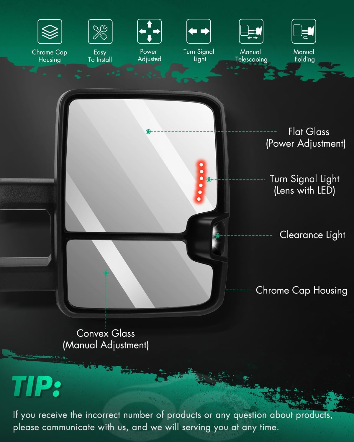 SCITOO Towing Mirrors Power Adjusted No Heated LED Turn Signal Width Light Chrome Tow Mirror Replacement Fit for 1988-1998 For Chevy Silverado For GMC Sierra 1500 2500 3500 Pair Truck Mirrors