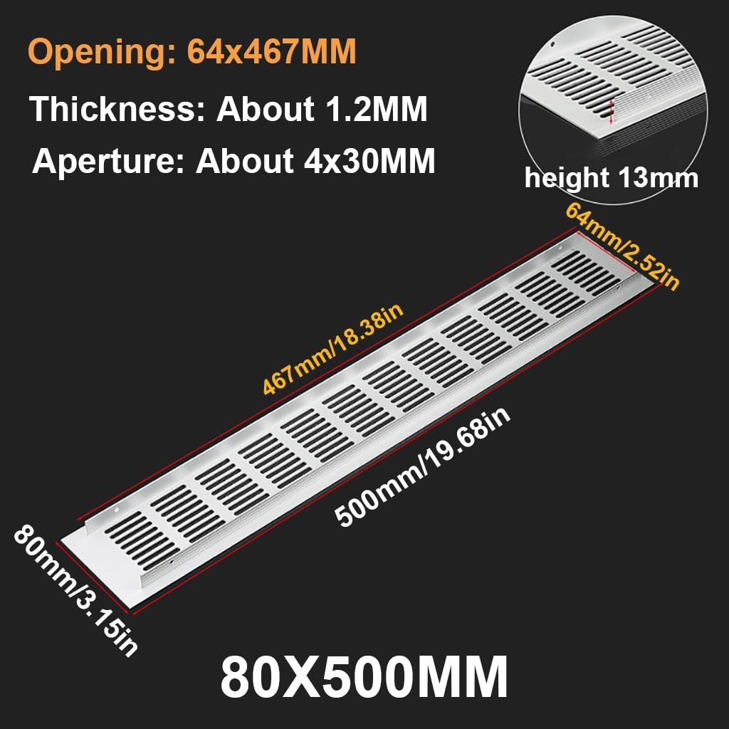 Osłona nawiewu powietrza, metalowa osłona kratki, zestaw 2 kratek wentylacyjnych ze stopu aluminium 80x(150-600) mm do otworu wentylacyjnego w szafce (80x350mm)(80x500mm)
