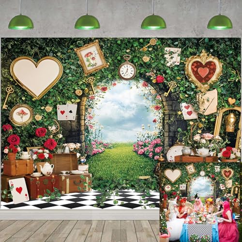 Fondo de fiesta de té del país de las maravillas, hojas verdes, rosas, tablero de ajedrez, cuento de hadas, fondo de fotografía, princesa, niñas, baby shower, decoración de fiesta de cumpleaños