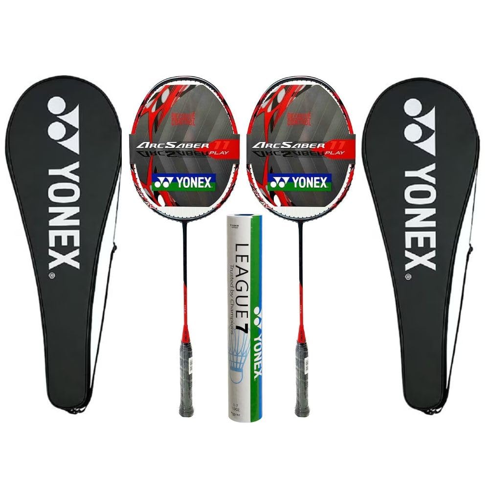 2X Yonex Arcsaber 11 Play Pre Strung Baminton Racquet, Grayish Pearl Bundled with Yonex League 7 Feather Shuttlecock