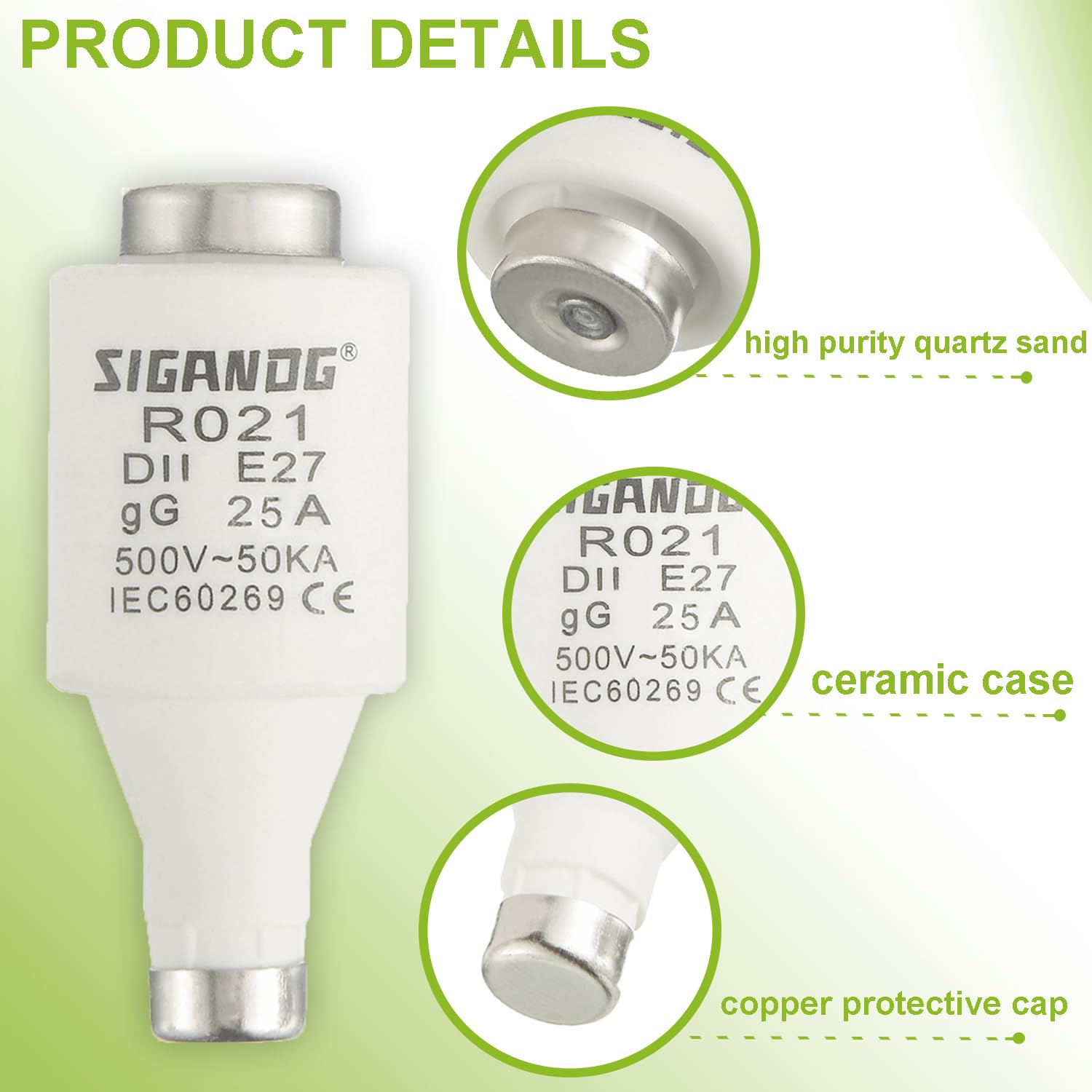 SIGANDG 25A DII E27 R021 Spiral Ceramic Fuses gG Diazed Fuse Links 500VAC for Cable and Line Protection (Pack of 10) - Image 3