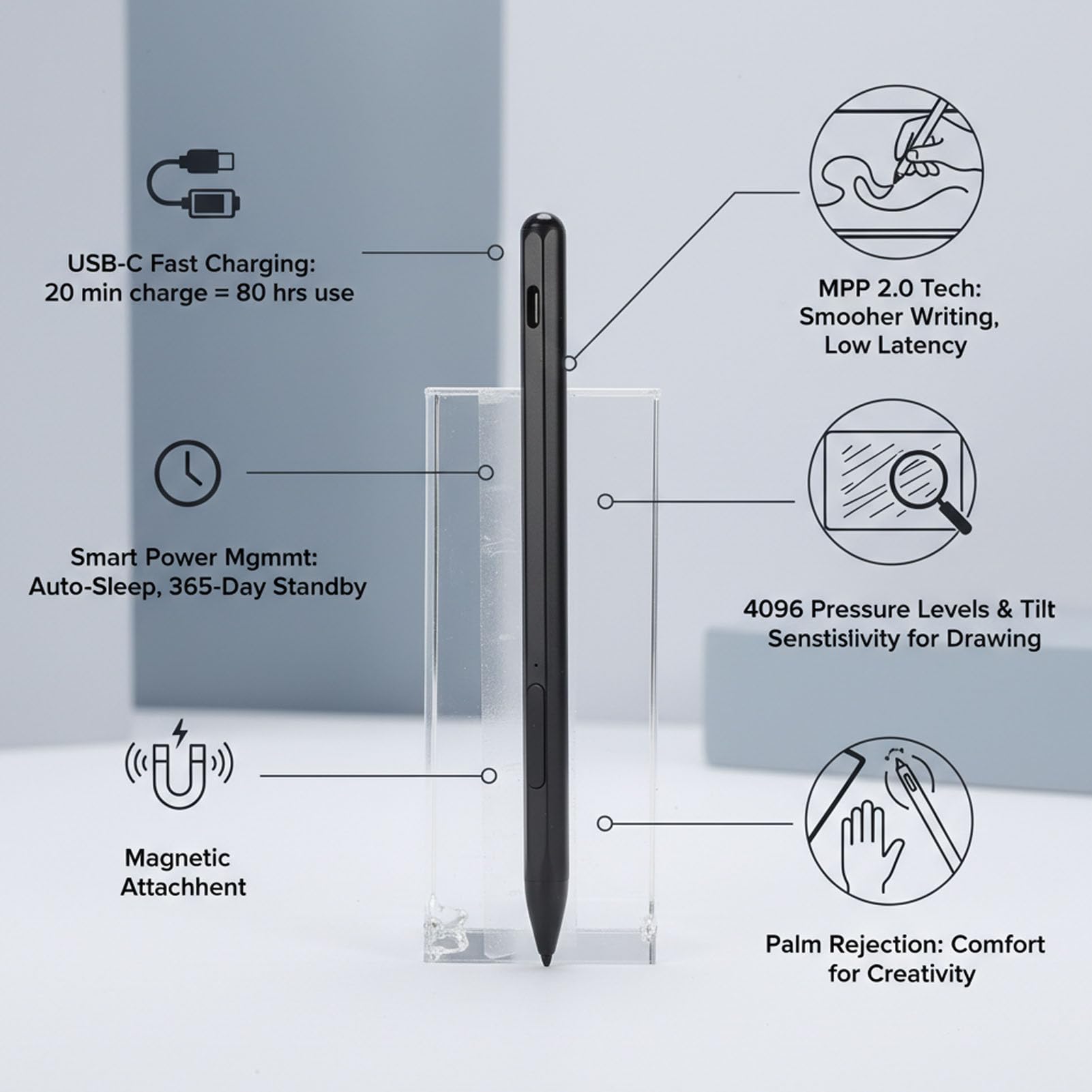 Penna Inclinabile Ricaricabile, Penna Stilo Attiva con 4096 Livelli di Pressione, MPP 2.0 e Palm Rejection, Ideale per ROG Z e Altri Tablet (BLACK)