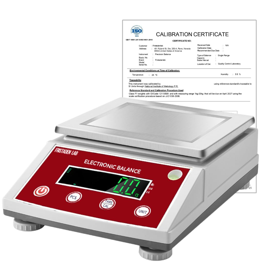 Fristaden Lab Bilancia di precisione per uso professionale, bilancia scientifica digitale con centigrammi (10 kg x 0,1 g (certificato di calibrazione))