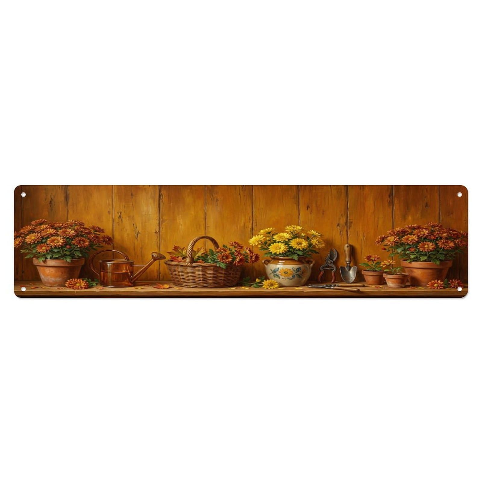 Floral Garden Tools Chrysanthemum Pot Pattern Print Metal Tin Sign