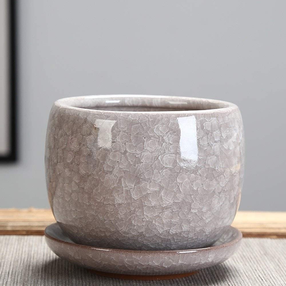 DFGHNBVC Ceramic Ice Crack Succulent Plant Pot With Tray Cactus Plant Pot Flower Pot Container Planter For Home Garden Office Decoration Containers Flowing Glaze Pots,D-9.5CM