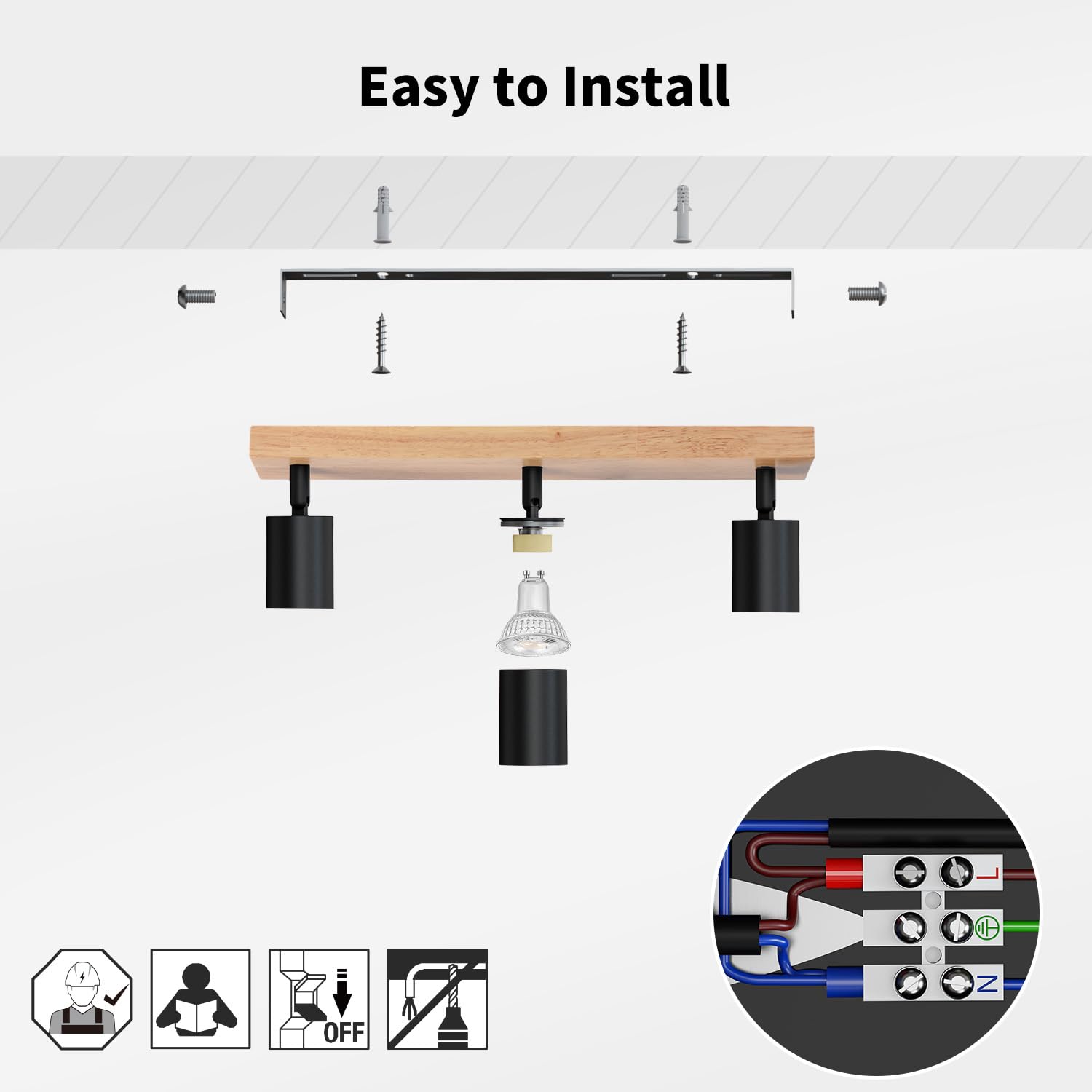 LVWIT Faretti LED da Soffitto Orientabili Nero, Faretto da Interno con 3 LED in Alluminio GU10, Base di Legno, Faretti Soffitto Retrò per Barra, Salotto,Cameretta, Cucina (Lampadine Escluse)