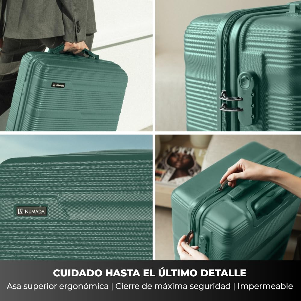NUMADA - Maleta de Viaje Cabina 55x40x20cm (38,4L) Upfly T10 XS Apta para Ryanair con Cierre de Combinación y 4 Ruedas. Maleta de Mano Rígida Resistente, Ligera con Interior Compartimentado | Verde