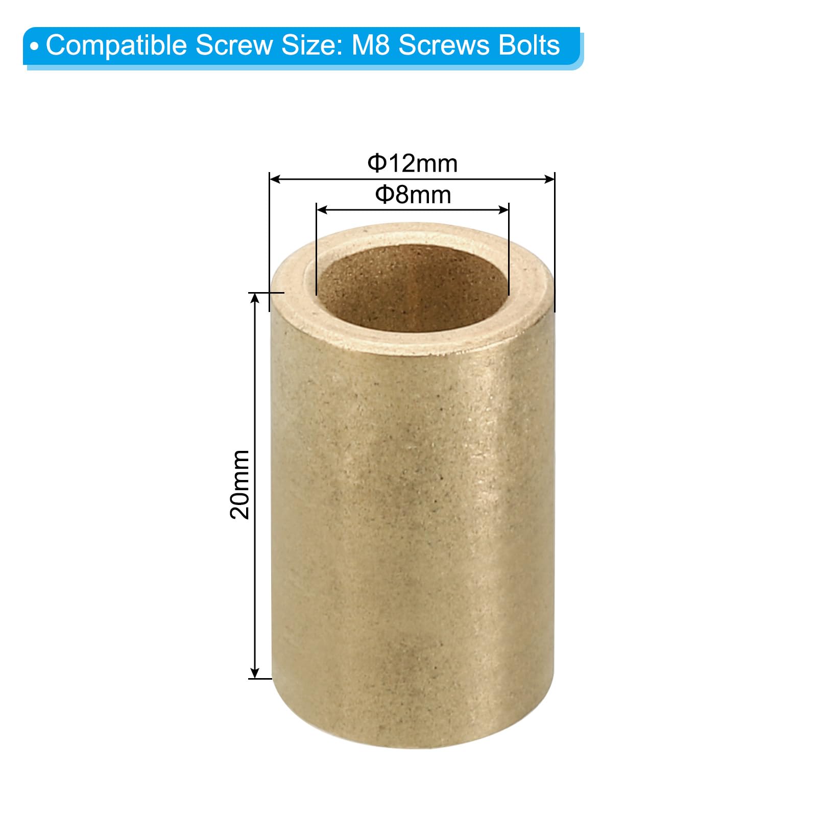 PATIKIL M8 Brass Spacers, 5 Pcs Metal Spacer Brass 8mm ID x 12mm OD x 20mm L Brass Spacers Screw Standoff for 5/16 Inch or M8 Screw - Image 2