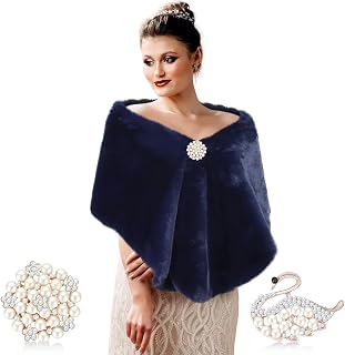 Women's Faux Fur Shawl Wrap Fake Fur Stoles Scarf Shrug Bridal Winter Wedding Evening Dress with 2 Rhinestone Brooches