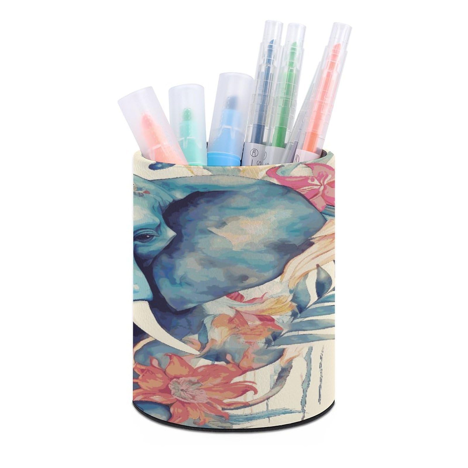 FekiLoot Peacock Feathers Elephant Pen Holder Cup Fashion PU Leather Pencil Cup Minimalist Pen Organizer Round Pencil Holder Stand Work Locker Accessories for Decoration Desk Office Home
