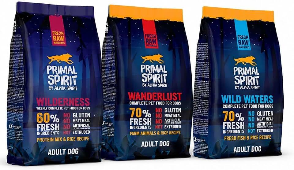 ANIMALUJOS - Primal Spirit Pack Surtido Pienso Semihúmedo para Perros Adultos, Wilderness, Wanderlust y Wild Waters, Sin Gluten, Ingredientes Frescos, 3 x 1 kg