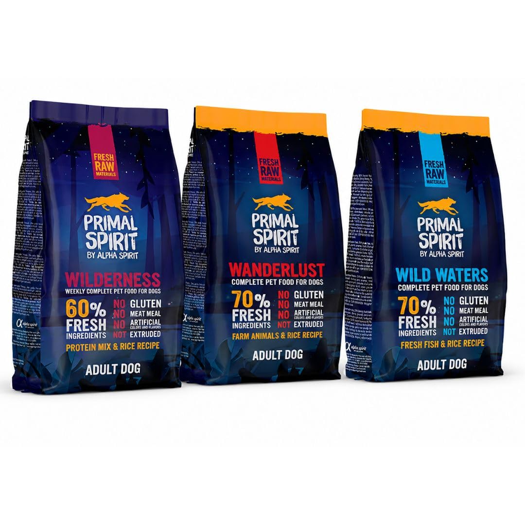 ANIMALUJOS - Primal Spirit Pack Surtido Pienso Semihúmedo para Perros Adultos, Wilderness, Wanderlust y Wild Waters, Sin Gluten, Ingredientes Frescos, 3 x 1 kg