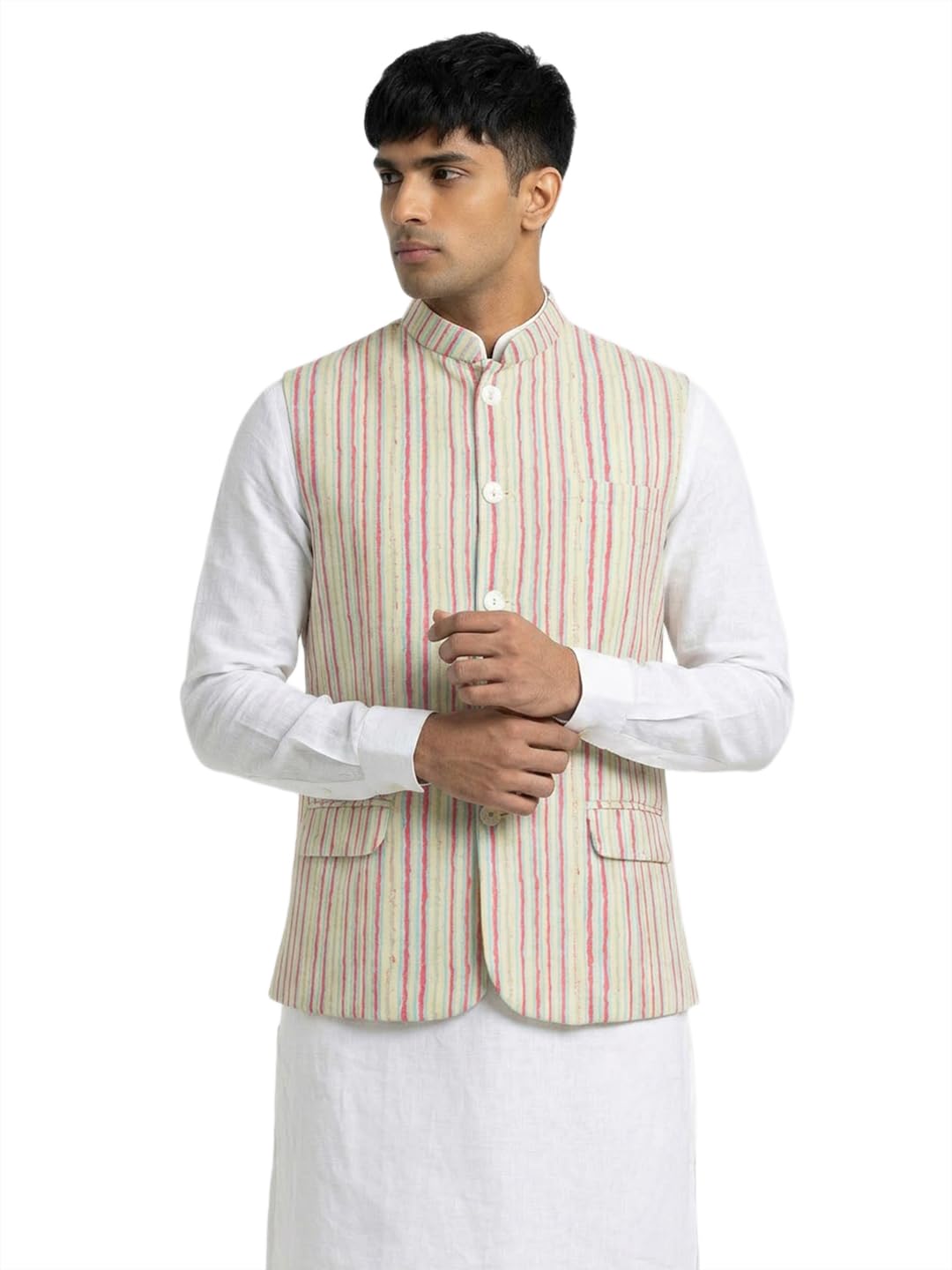 Men Regular Fit Print Pattern Pure Polyester Mandarin Collar Sleeveless Festive Bundi-picture-39