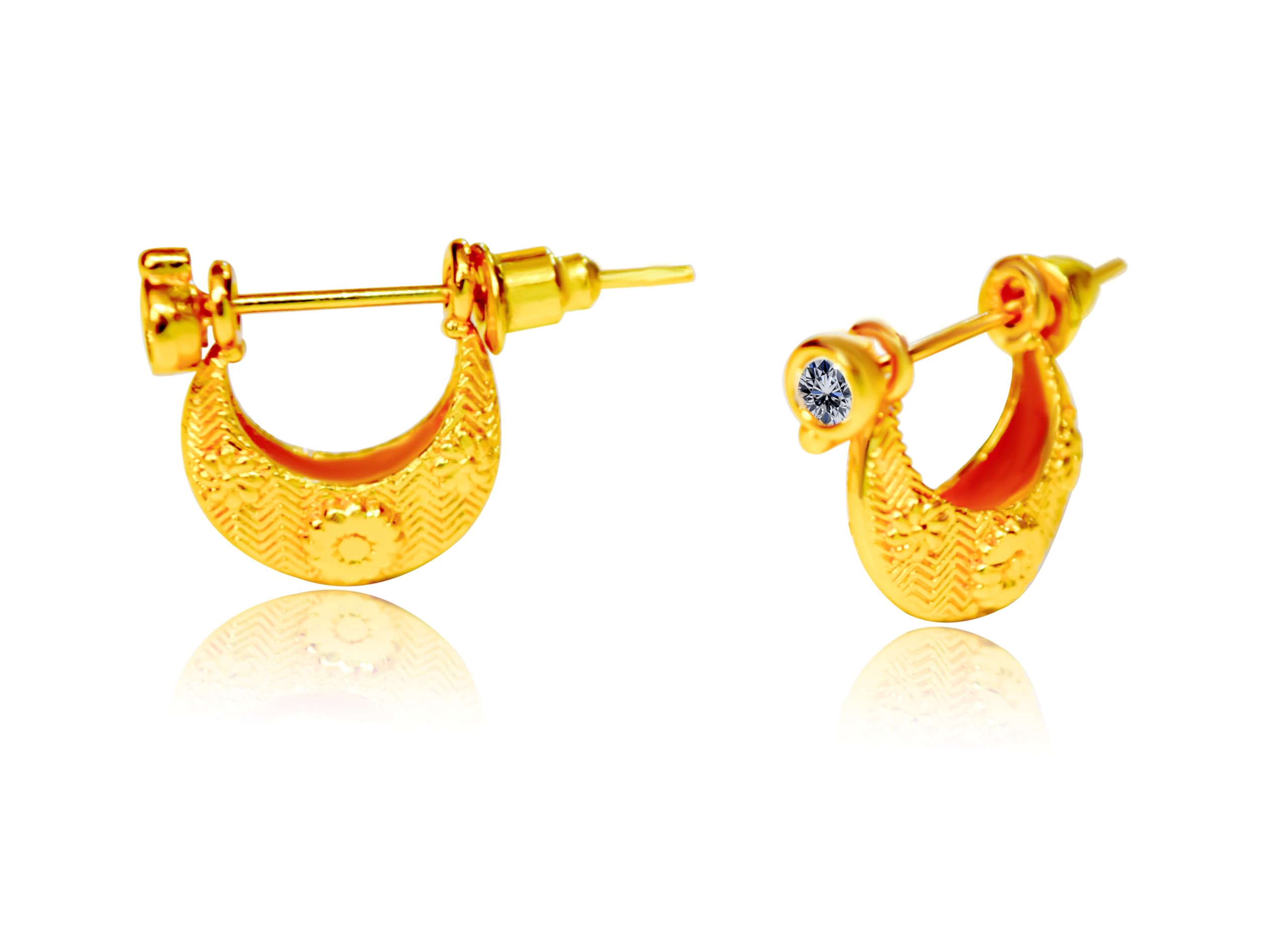 22K Gold Plated Crescent Moon Stud Earrings with American Diamond, Traditional Indian Design, Textured Chevron Pattern For Men's