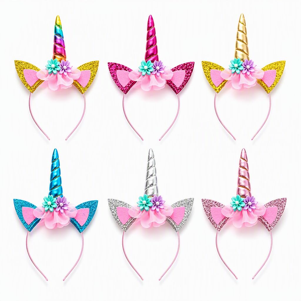 6 PCS Unicorn Headband Set, Unicorn Horn Hair Accessories, Rainbow Design