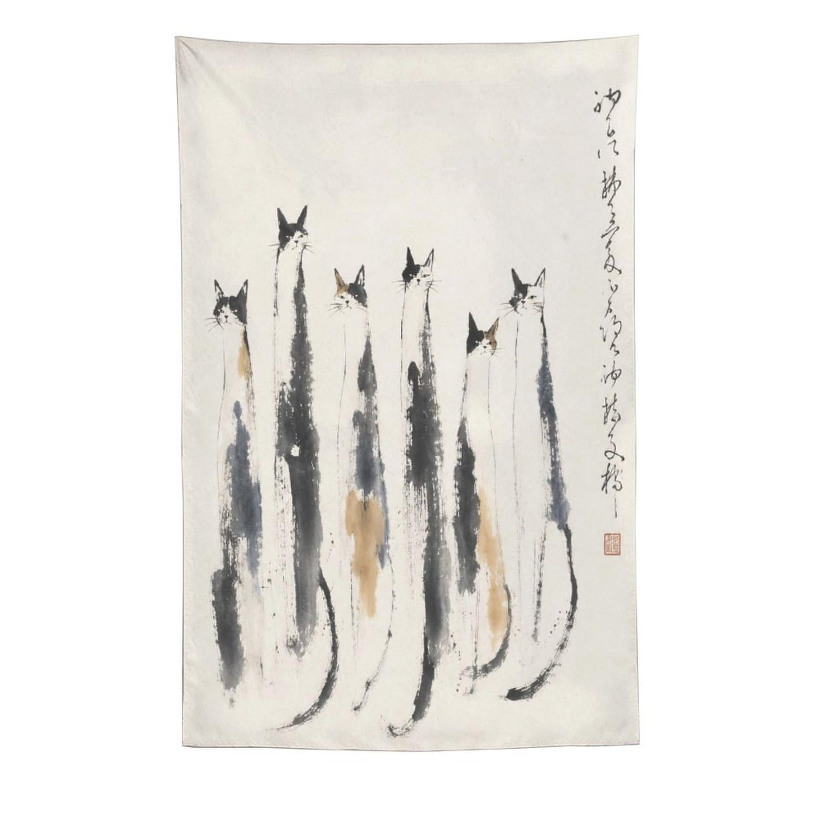 W7C8U2X3 Ink Cat Lineup Wall Tapestry, Asian Ink Style, Office