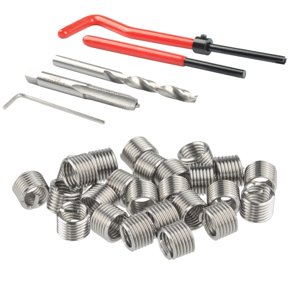 Treki Juego de Reparación de Roscas 30 Piezas M6 Thread Repair Kit Herramientas de Mano HSS Drill Helicoil Kit de Inserción de Reparación de Roscas para Reparación Automóvil