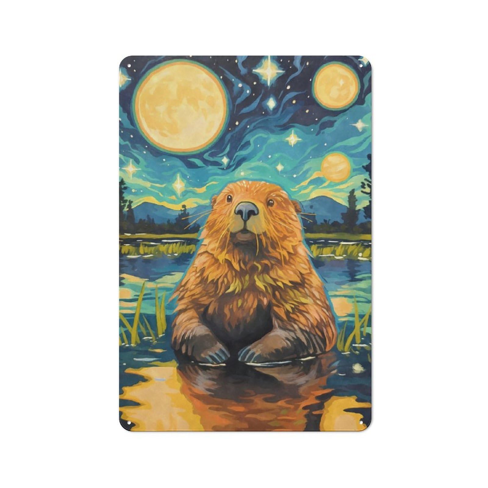 Junmoney Cute Beaver Starry Night Metal Sign 30X20cm With For Home Bar Wall, Rustic Decor, For Collectors Decorating Home Bars And Entertaining Spaces