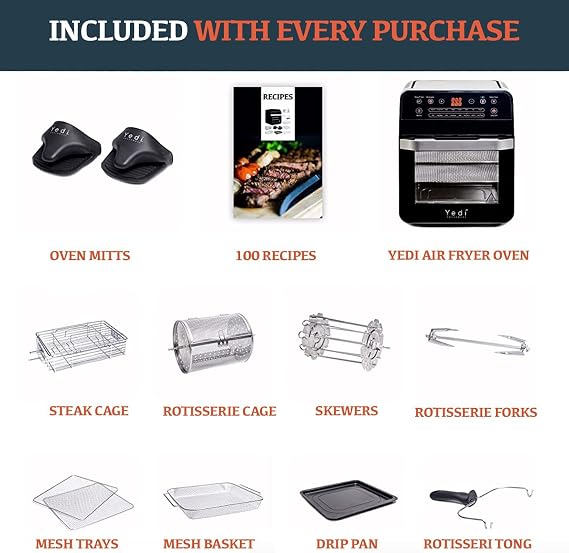 Yedi HOUSEWARE Total Package Air Fryer Oven XL, 12.7 Quart, Deluxe Accessory Kit, Recipes, BPA-Free, Auto Shutoff, Black