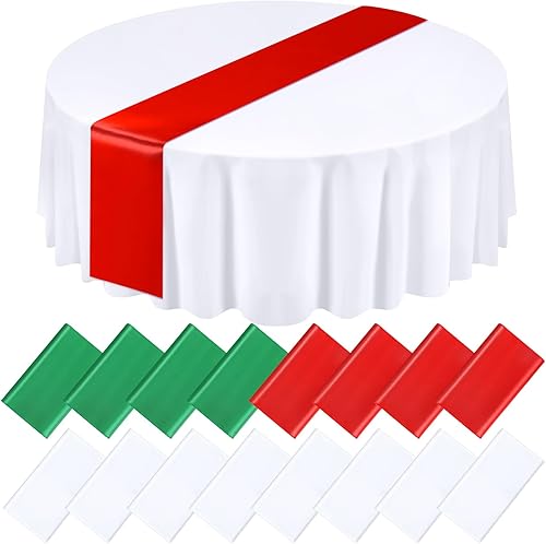 Tudomro Juego de 16 manteles redondos de plástico y camino de mesa de satén de 12 x 108 pulgadas, manteles redondos de 84 pulgadas, mantel de