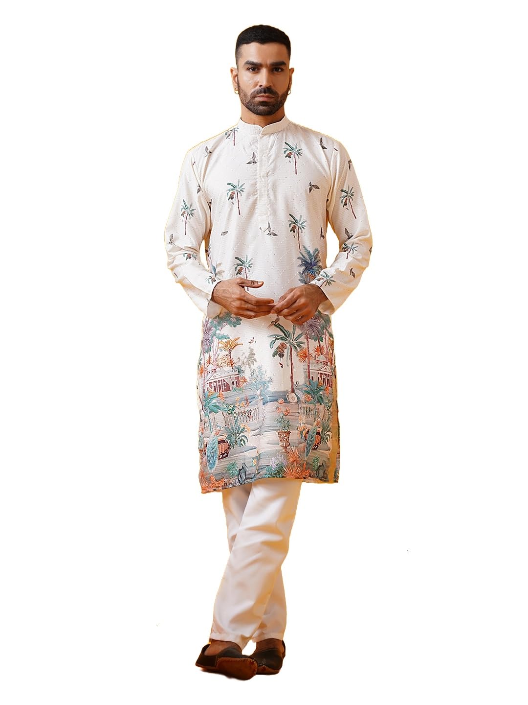 Sojanya (Since 1958 Men's Cotton Krochet Daman Print Cream Kurta With White Pyjama