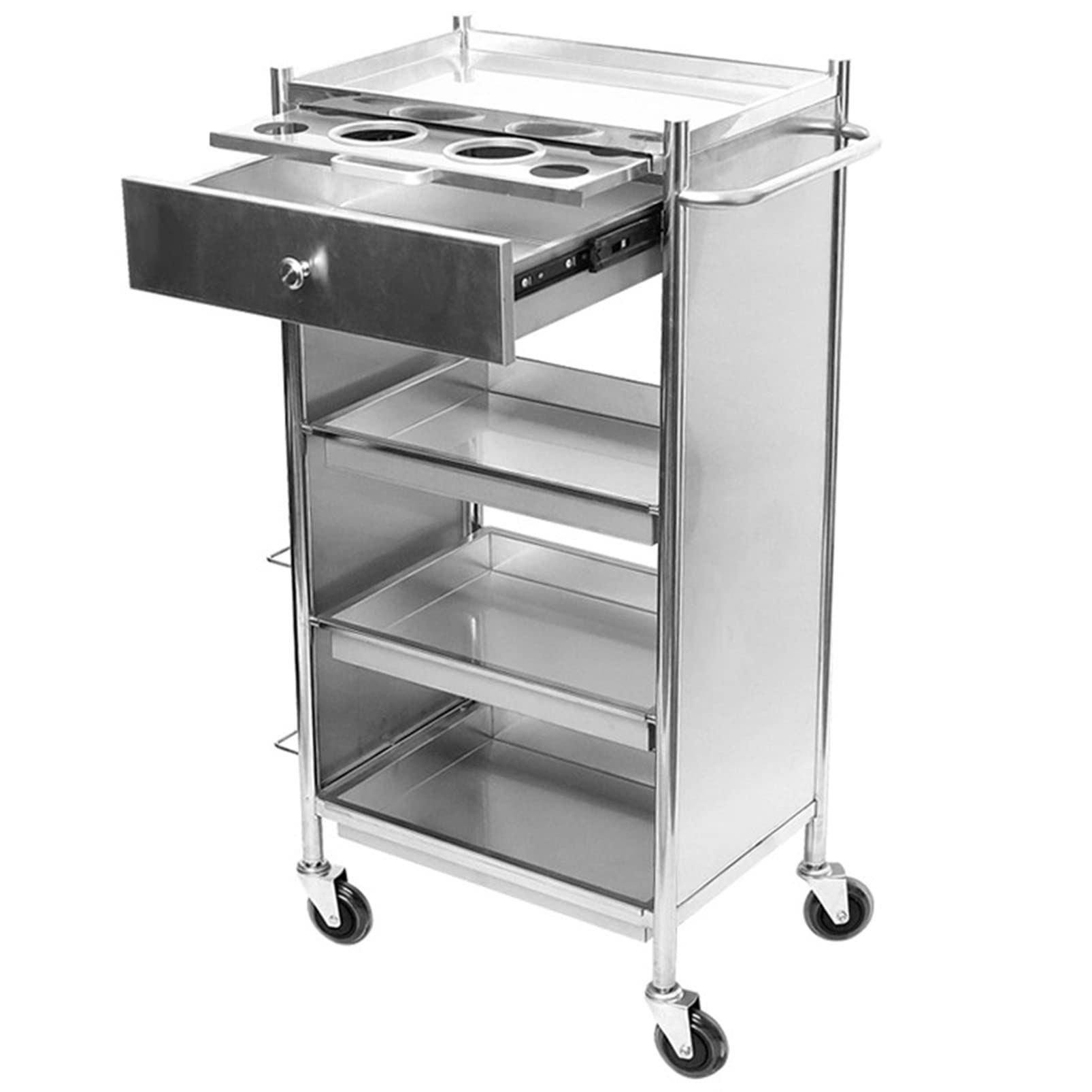Carrello di stoccaggio del carrello per lo styling del salone di bellezza di rotolamento, Carrello per estetista Postazione di lavoro in acciaio inox con supporto estraibile per asciugacapelli