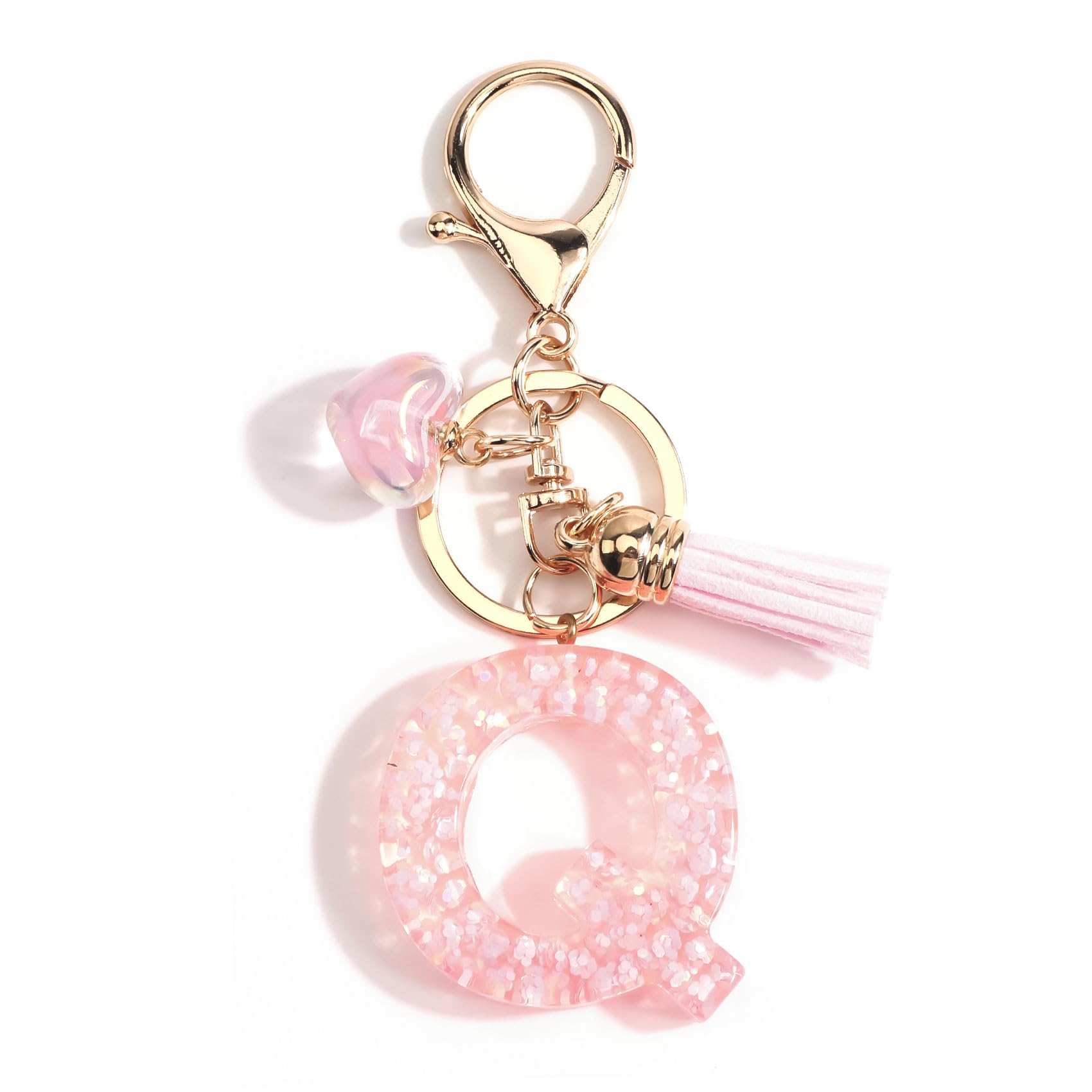 Gallkeat Schlüsselanhänger mit Buchstabe, Initialen Schlüsselanhänger mit Herz Anhänger, Rosa Quaste, Geschenke für Damen, Tasche Handtasche Reisedekoration