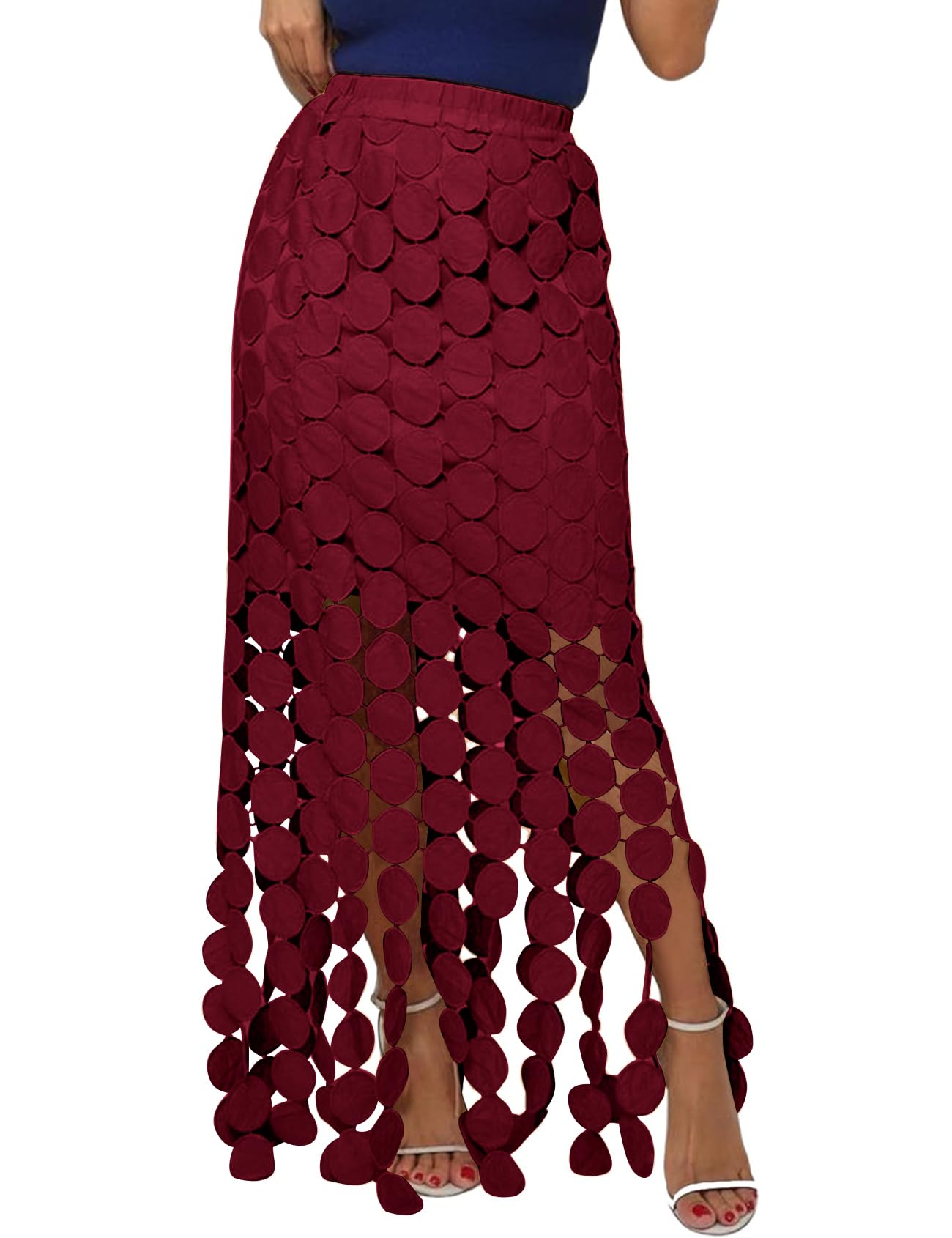 Kissonic Langer Damen-Maxirock mit Fransen, Sommer, hohl, Boho, elastisch, hohe Taille