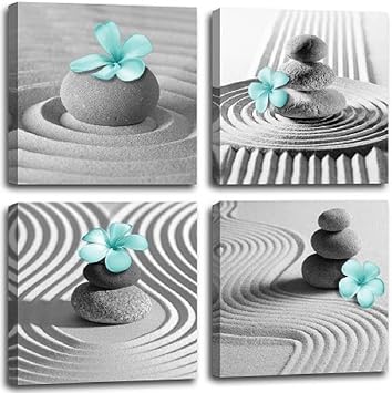 Yxbhhym Gray Wall Art Zen Wall Art Teal Floral Paintings Black and White Decor Zen Stone Sand Pebble Canvas Flower Artwork for Wall Home Decoration Bathroom Wall Decor 12x12x4pcs