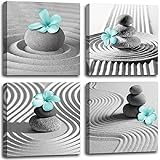 Yxbhhym Gray Wall Art Zen Wall Art Teal Floral Paintings Black and White Decor Zen Stone Sand Pebble...
