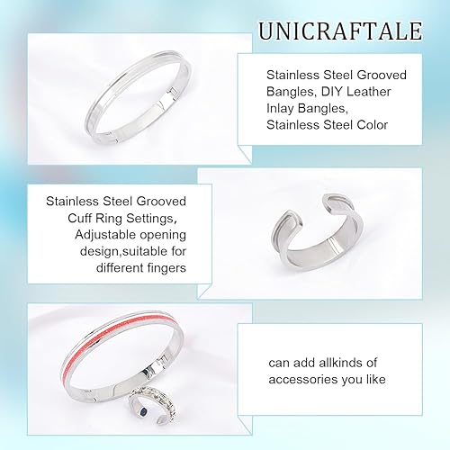 Miniatura 5 de UNICRAFTALE 1 brazalete abierto acanalado y 1 anillo de dedo en blanco, brazalete de acero inoxidable, brazalete de lazo para el cabello con anillo