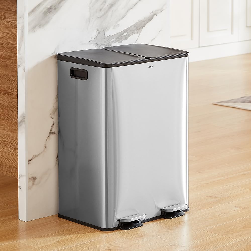 CASABEL Cubo de basura de cocina doble 2x30L en acero inoxidable, cromado | Doble compartimento, Reciclaje selectivo, 2 pedales, Antihuellas, Tapas herméticas, Cubos extraíbles, Fácil mantenimiento