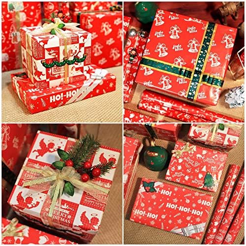 FullJoyHut Christmas Gift Wrapping Paper Set, 12 Sheets Recycled Xmas Wrap Paper 70x50cm, 12 Christmas Paper Gift Tags, 12 Stickers, 4 Roll Jute String Twine Rope for Christmas Gift Wrapping