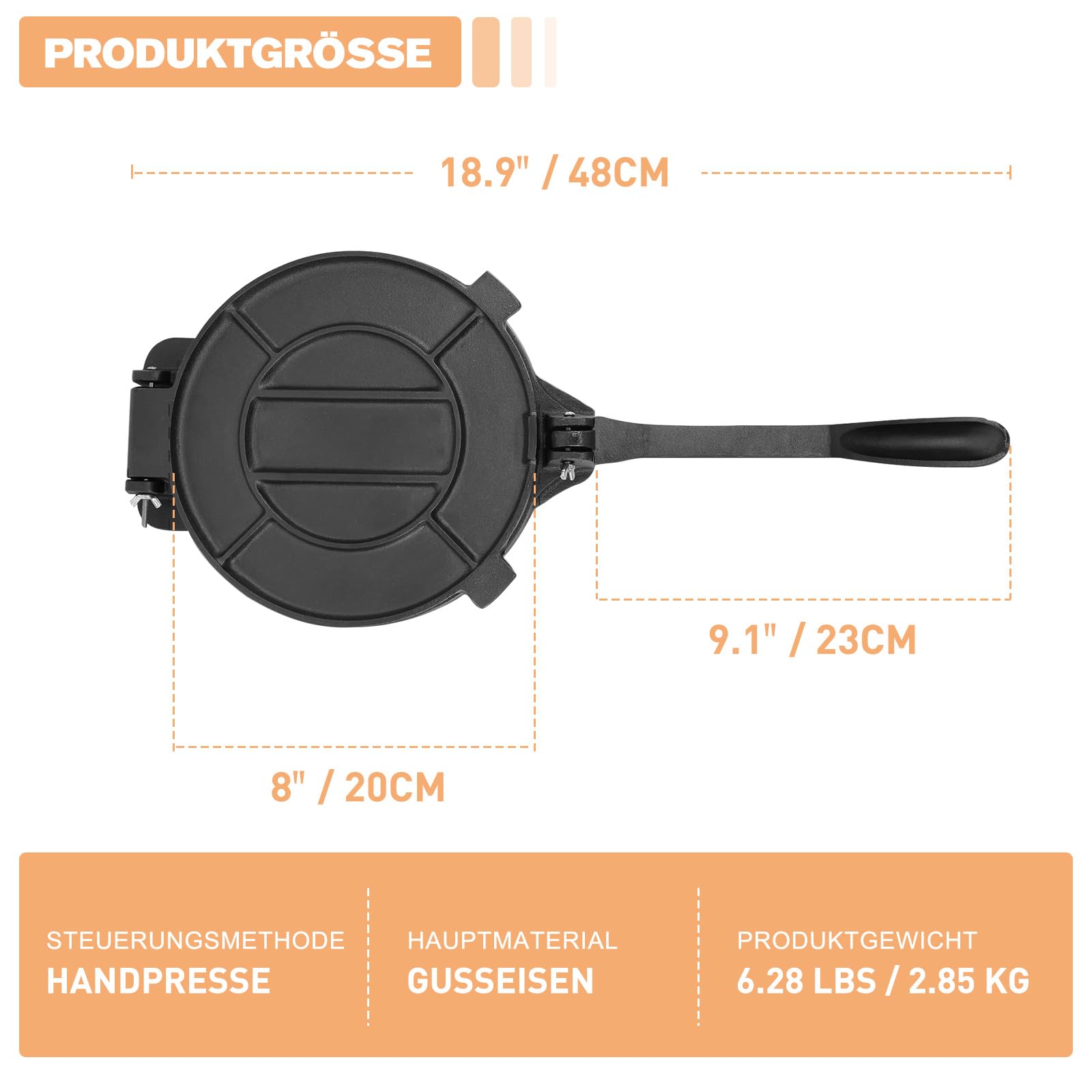 Tortilla Presse - Gusseisen Tortilla Presse, Roti Maker, Pre-Seasoned Tortilla Maker, Heavy- Duty Taco Presse, Justierbare Tortilla Press für hausgemachte Tortillas, Schwarz (20cm)