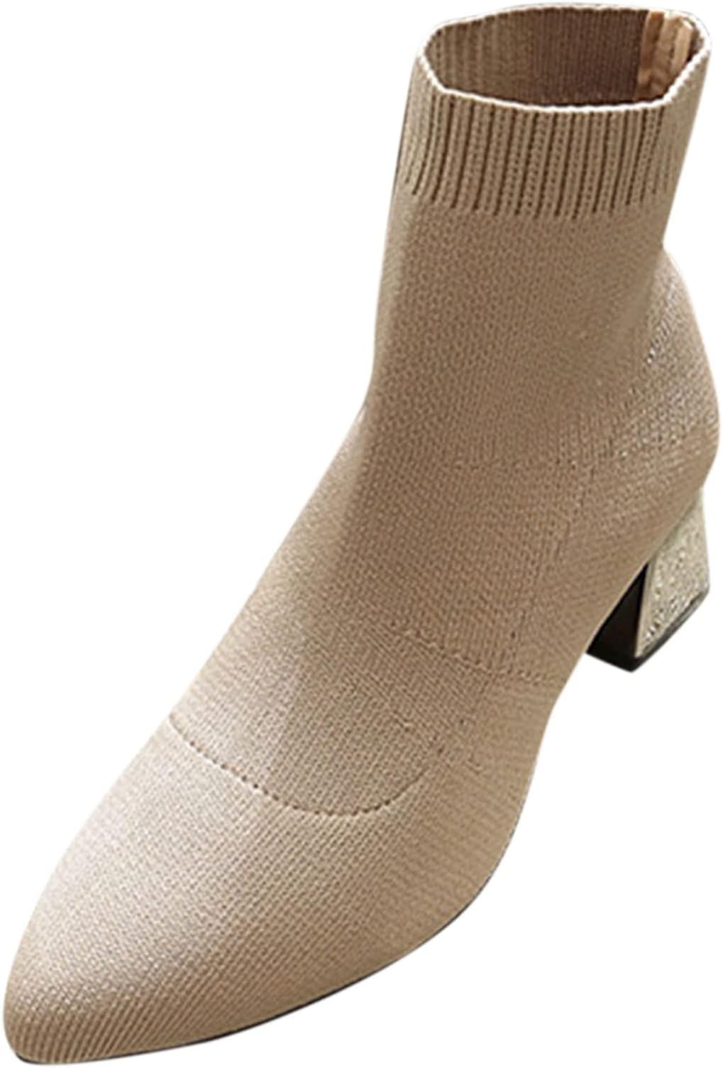 GodomLadies Casual Knitted Chunky Heel Sock Boots Autumn and Winter Warm Breathable Solid Colour Pointed Toe Knitting Shoes