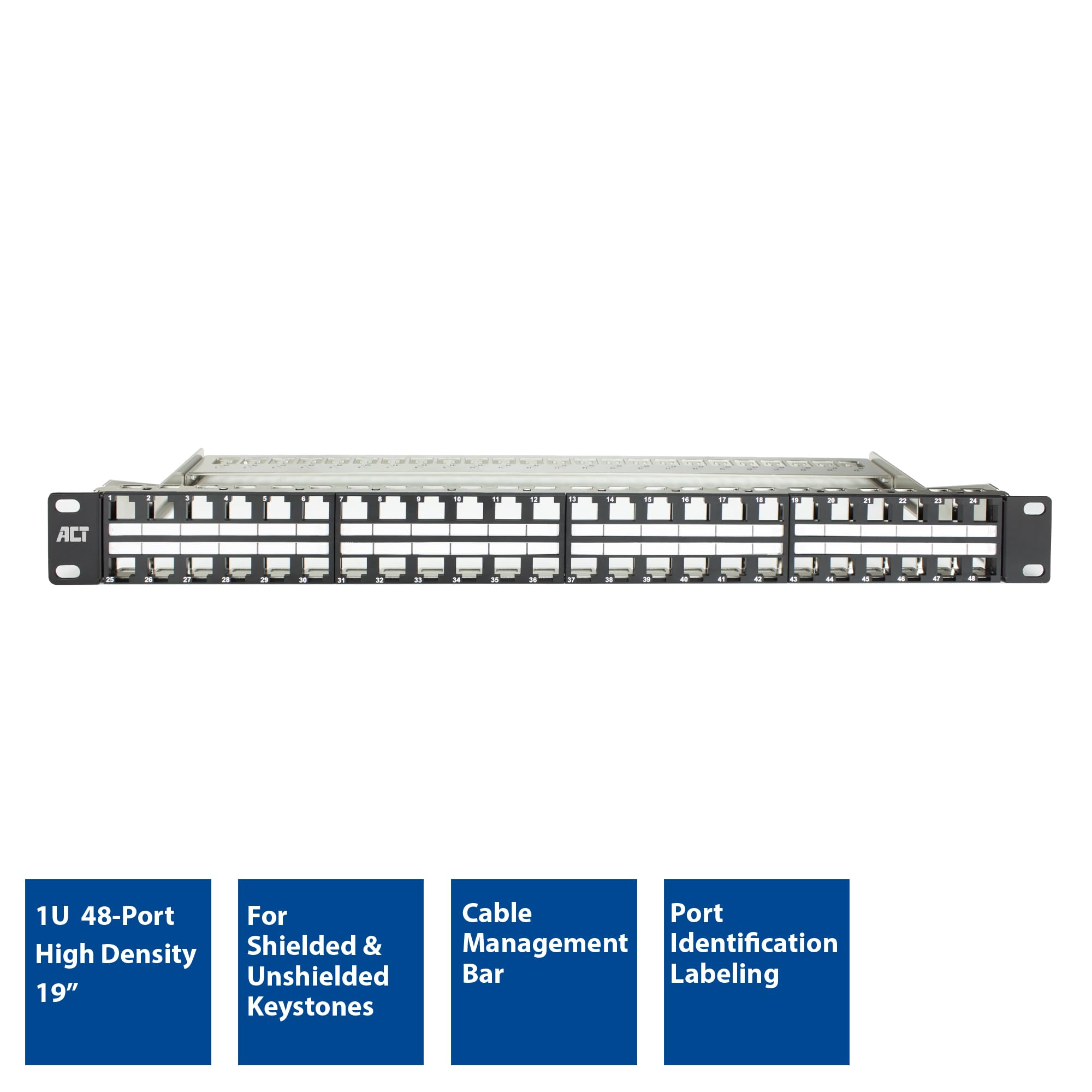 ACT Patchpanel 19", 48-Port 1U Rack Mount hohe Dichte – PP1031 | für Switch, Router, Patch Panel, TV, PC & Laptop
