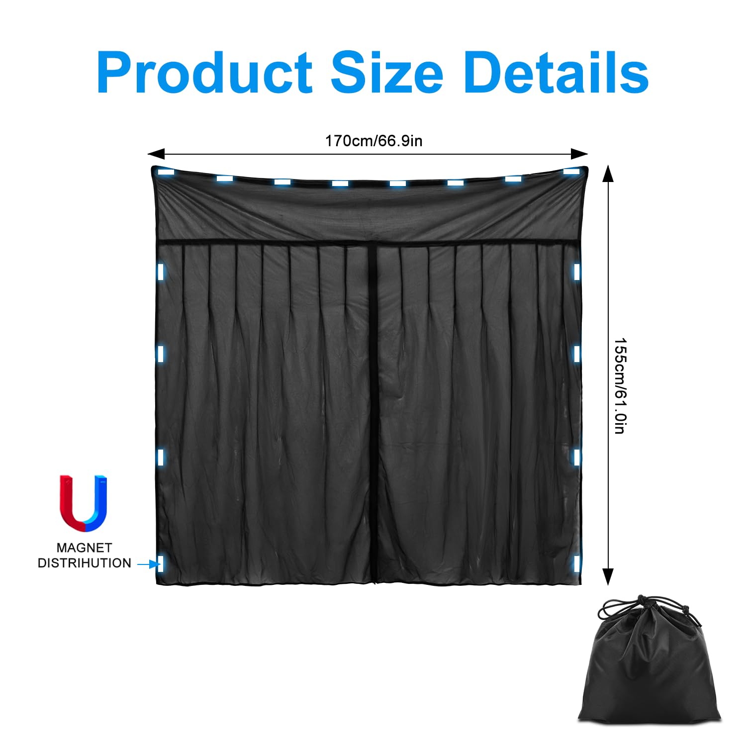 Erato Zanzariera Magnetica per Furgone, Schermo Antinsetti 155x170 cm con 3 Chiusure a Zip e 16 Magneti per VW T5/T6/T6.1/T7 California, ID Buzz, Trafic, Ducato Camper, Marco Polo e Transit