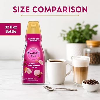 Premium Liquid Coffee Creamer.- Pack of Two (2) 32 fl oz Bottles of Smooth & Creamy Delightful Coffee Creamer and Candy Freezer Mini Shovel Spoons (Almond Cherry Macaron) - Shovel Spoons