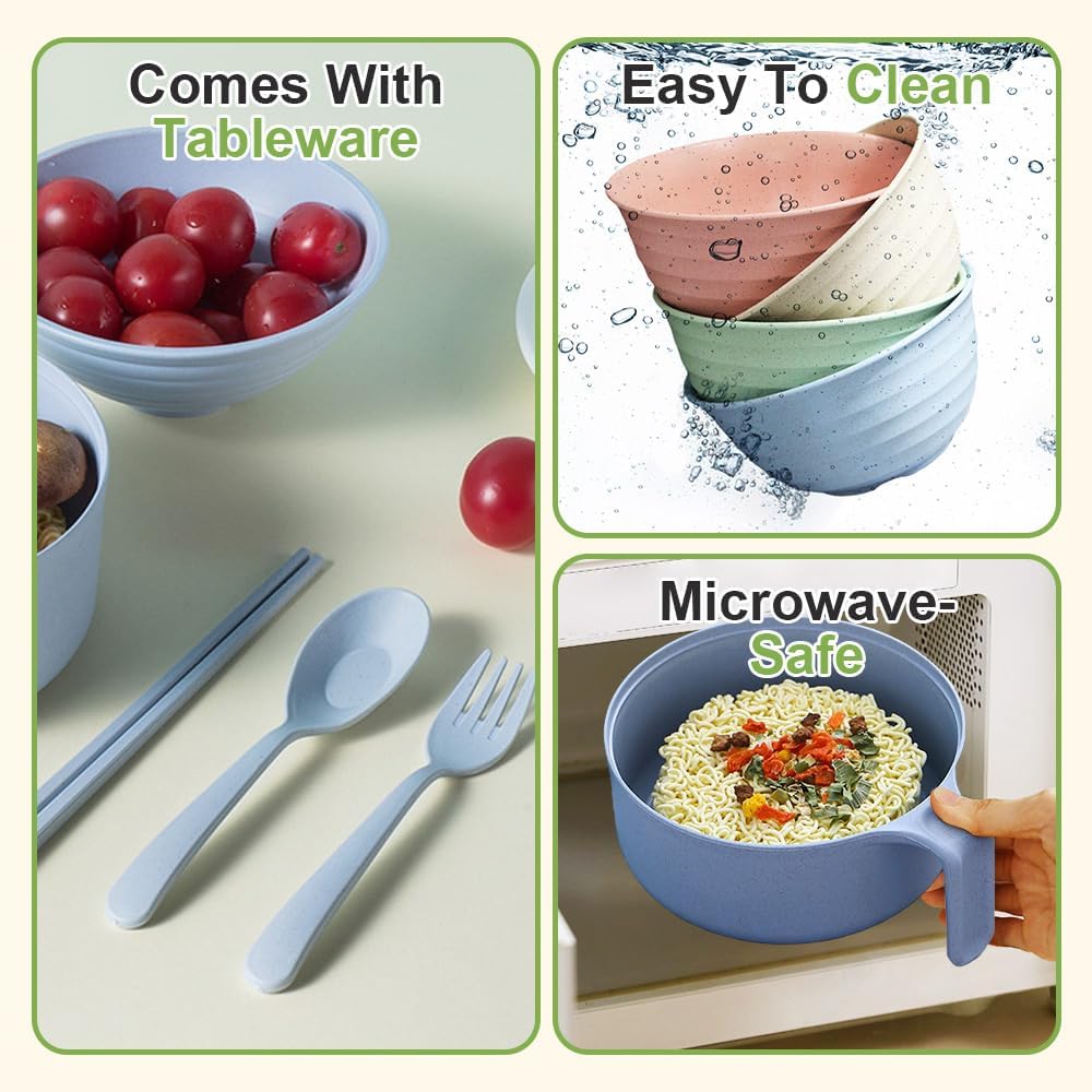 Microwave Ramen Bowl, 2026 Upgrade Wheat Fiber Portable Instant Noodle Cooker Bowl with Handles Strainer Spoon Chopstick Fork College Dorm Room Apartment Essentials (Pink)