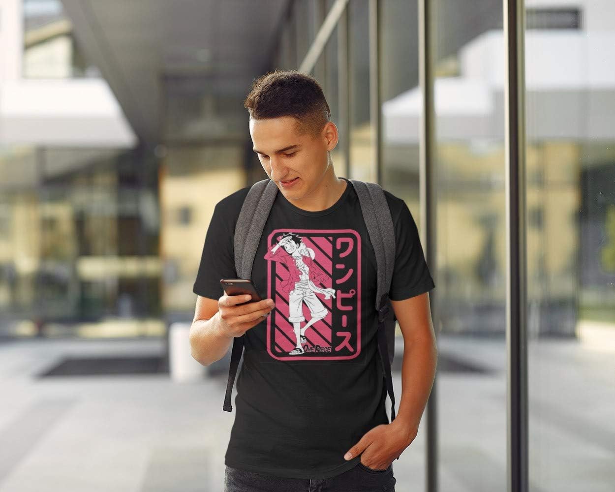 One Piece Men's Anime T-Shirt Monkey D. Luffy Salute W/Japanese Text On Red Officially Licensed - Image 2