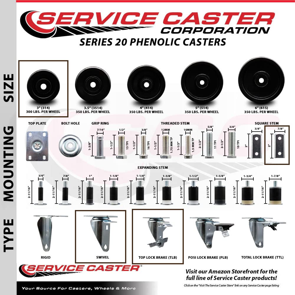 Swivel Square Stem Caster Set 4 w/3” x 1.25” Black Phenolic Wheel - 7/8” x 2” Square Stem with (3) 17/64” Diameter Mounting Holes-Includes 4 Top Lock Brakes-1200lbs. Cpty/Caster - Service Caster Brand