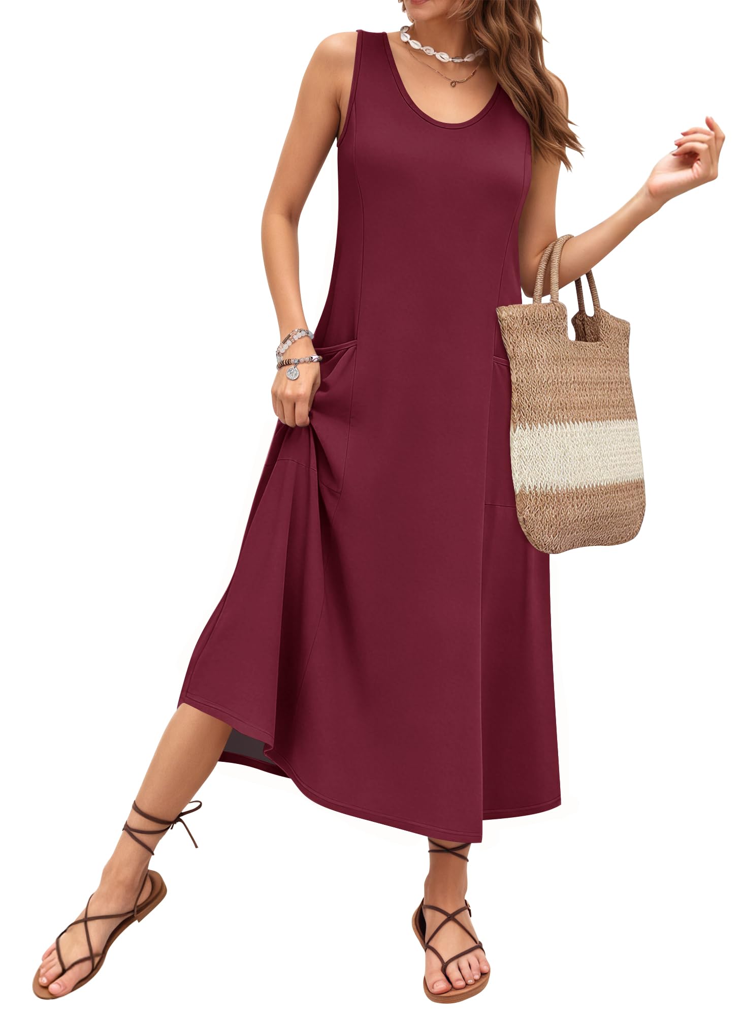 AUSELILY Sommerkleid Damen Lang Ärmellose Lockeres Maxikleider Damen Sommer U-Ausschnitt A Linien Strandkleid Damen Luftig Urlaubskleid mit Taschen